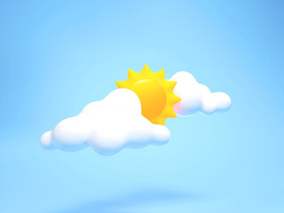 Sun and clouds on blue background, 3D illustration.