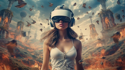 beautiful girl wearing a virtual reality headset. AI Generated.