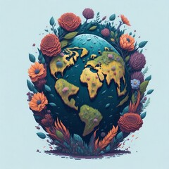 earth globe with flowers created with Generative AI technology