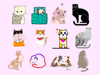 Set of cute cartoon cat icon character vector illustration.