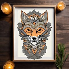 fox in a frame on the wood created with Generative AI technology