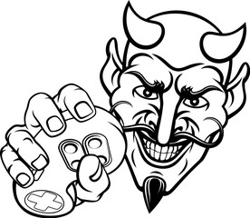 A devil or satan gamer mascot holding video game controller playing games cartoon character