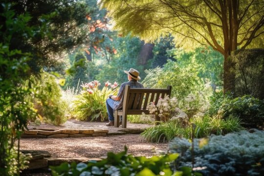 Person taking a break on a bench in a peaceful garden