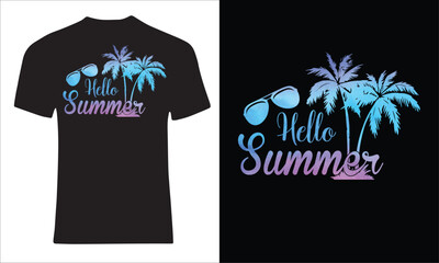 Hello summer- Modern calligraphic T-shirt design with flat palm trees
