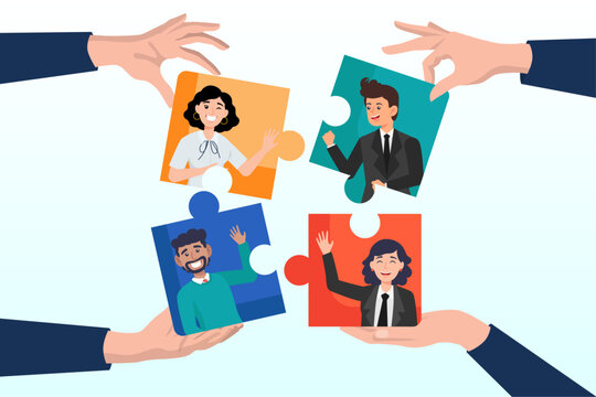 Business people team succeed solve jigsaw puzzle, collaboration work together to solve problem, teamwork together to achieve success, connected people, community help finding solution concept (Vector)