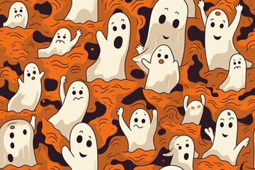Colorful ghosts in a seamless repeat pattern wallpaper, created with generative ai
