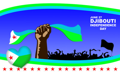 a hand holding the Djibouti Flag and silhouettes of people celebrating Djibouti Independence Day on June 27 with Djibouti Flag theme background
