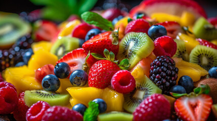 Obraz premium A close-up of a vibrant fruit salad, featuring a variety of colorful fruits