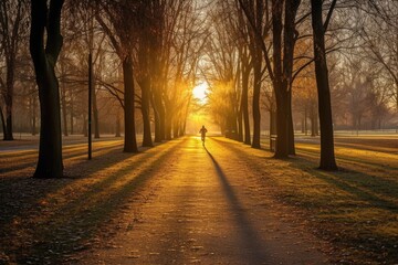 Running in a park during a beautiful sunrise