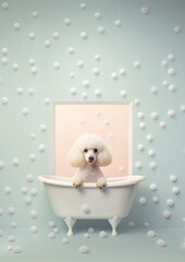 Cute poodle dog in a small bathtub with soap foam and bubbles, cute pastel colors.