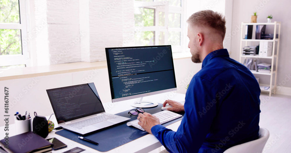 Poster Computer Programmer Writing Program Code On Computer