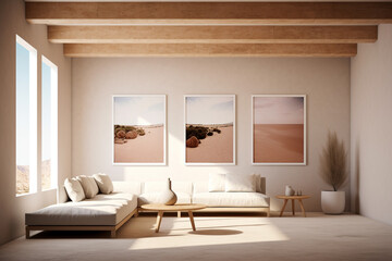 mediterranean minimalist living room, architecture, generative ai