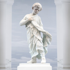 An intricately crafted marble sculpture of a young boy stands resolutely in a tranquil setting. - generative ai
