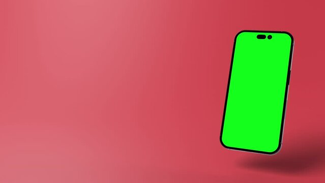 3D Animation Modern smartphone with green screen on display to place contenthovering into frame from top.. Red Background