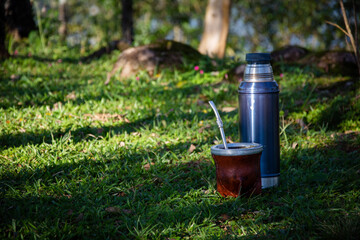 Mate y termo en el prado, compartiendo un mate tradicional argentino en la naturaleza. Yerba mate, bebida caliente.
