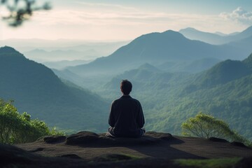 Individual meditating against a serene backdrop, embodying tranquility and peace.