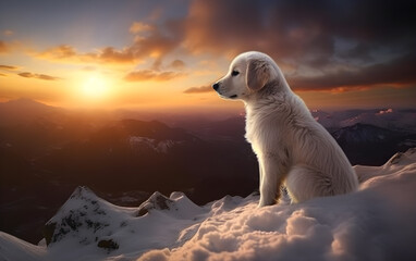 Obraz na płótnie Canvas golden retriever puppy in background of sunny sunset in snow - generative ai