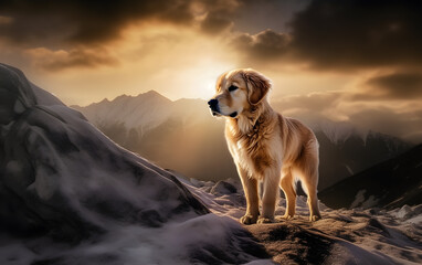 Obraz premium golden retriever puppy in background of sunny sunset in snow - generative ai