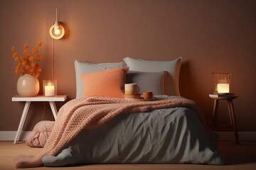 Cozy Bedroom: Featuring a Wooden Bedside Table, Pottery Jar, Books, Lovely Bed Linens, Blankets, Pillows, and Personal Touches., Generative AI.