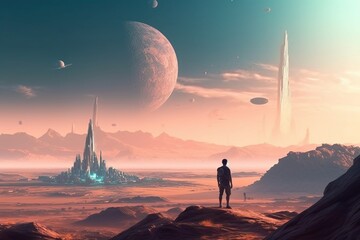 Futuristic World Explored by a Researcher Amidst an Inspiring Alien Landscape with a Desert City, Powered by Neural Network Technology, Generative AI.