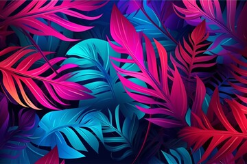 Magenta and Azure Tropical Leaves Create an Abstract Background, Generative AI.