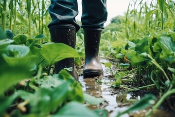 Farmer's Feet in Rubber Boots Close Up. Generative AI