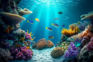 Obraz na płótnie Canvas A Colorful Coral Reef Scene with Tropical Fish, Sunlight, and Clear Ocean Water - Perfect for Travel Concept and Digital Design Art, Generative AI.