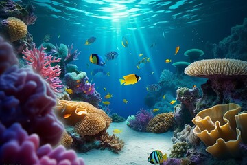 A Colorful Coral Reef Scene with Tropical Fish, Sunlight, and Clear Ocean Water - Perfect for Travel Concept and Digital Design Art, Generative AI.