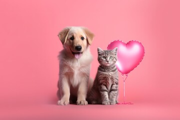 Adorable Dog and Cat Celebrate Valentine's Day with Heart-Shaped Balloon on Pink Background: A Charming Photograph for Your Valentine's Day Card, Generative AI.