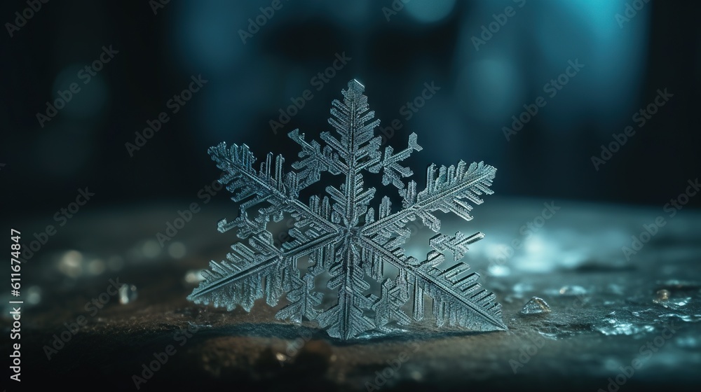 Poster a snowflake that is sitting on a table in the snow. generative ai
