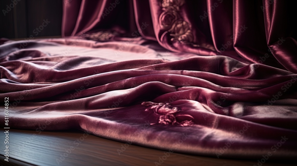 Poster a close up of a bed with a red blanket on top of it. generative ai