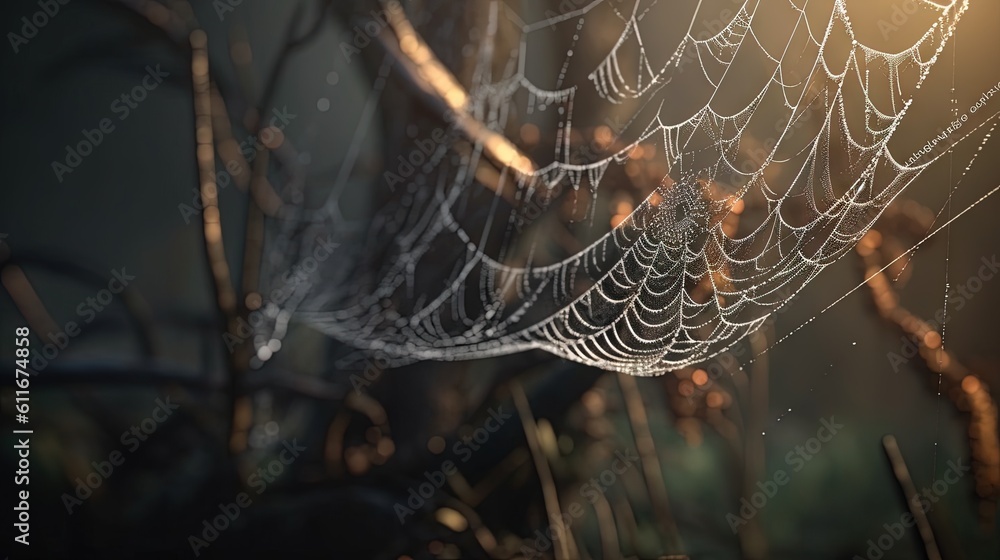 Poster  a close up of a spider web on a tree branch.  generative ai