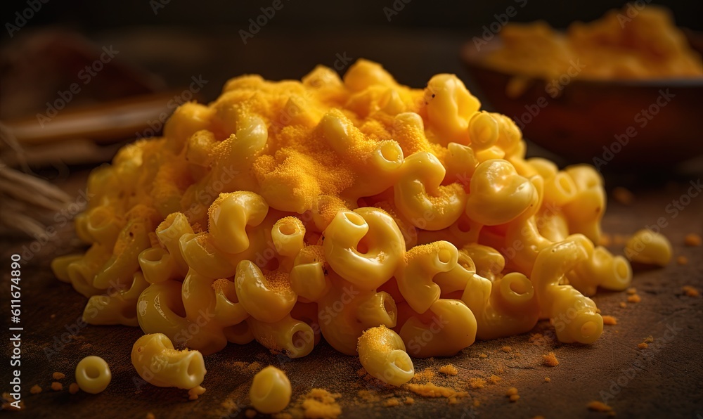 Poster a pile of macaroni and cheese on a table. generative ai
