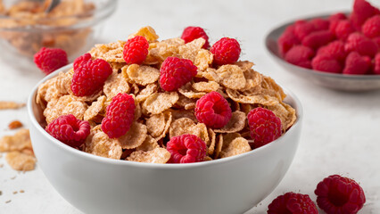 Bowl of vanilla almond clusters cereal topped with fresh raspberries - generative ai