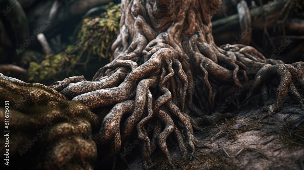 Poster a large tree with a lot of roots growing out of it. generative ai