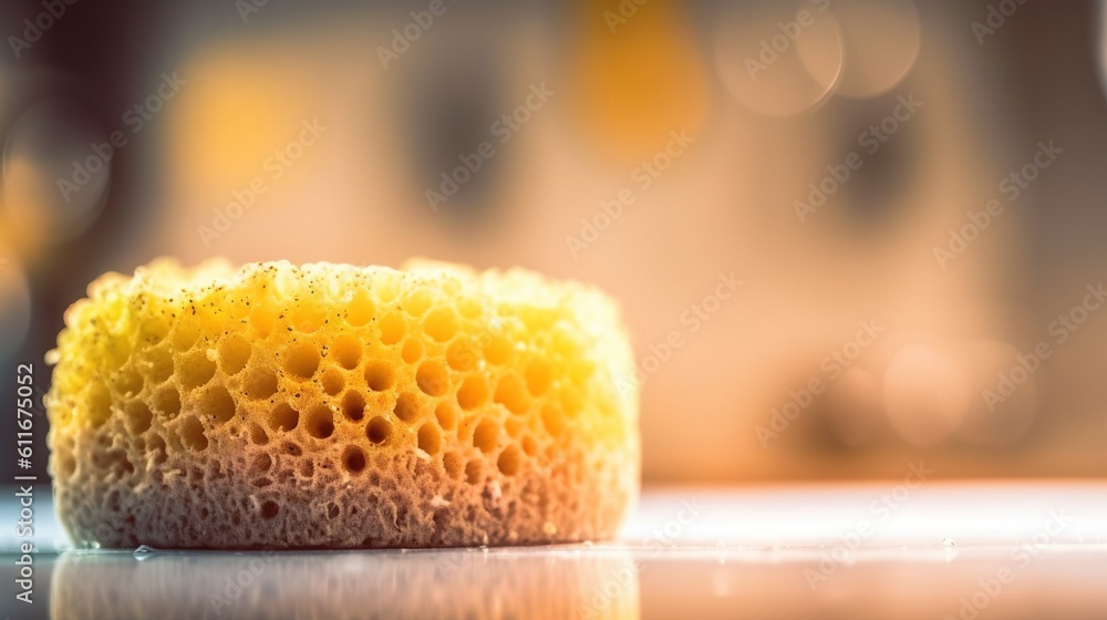 Poster a close up of a sponge on a counter top with a blurry background. generative ai
