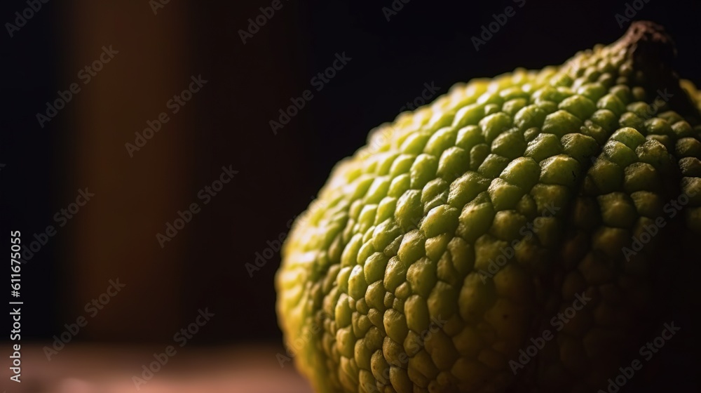 Poster a close up of a green fruit on a table with a dark background. generative ai