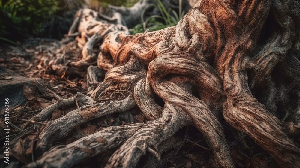 Poster a tree that is very large and very old with a lot of roots. generative ai