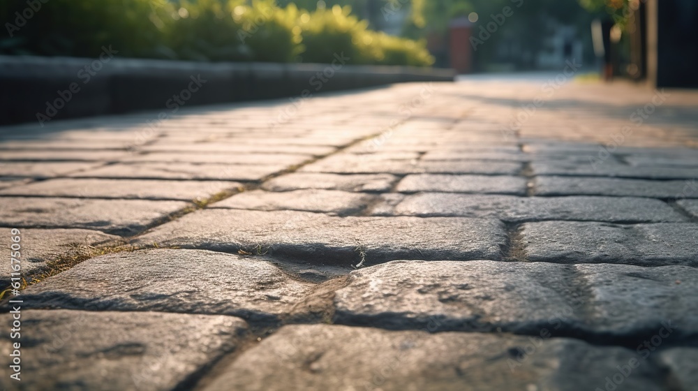 Poster a close up of a cobblestone street with a building in the background. generative ai