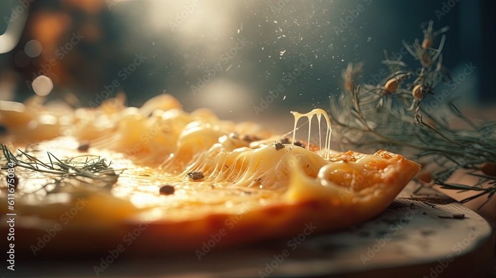 Poster a close up of a pizza on a table with a sprig of rosemary. generative ai