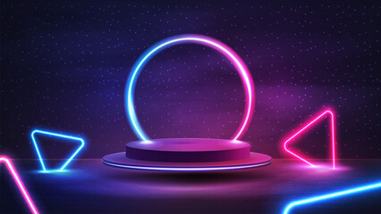 Empty podium with line gradient neon ring on background. illustration with podium on background with night landscape