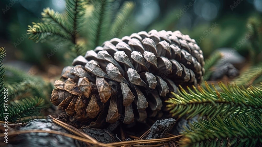 Poster a close up of a pine cone on a pine tree. generative ai