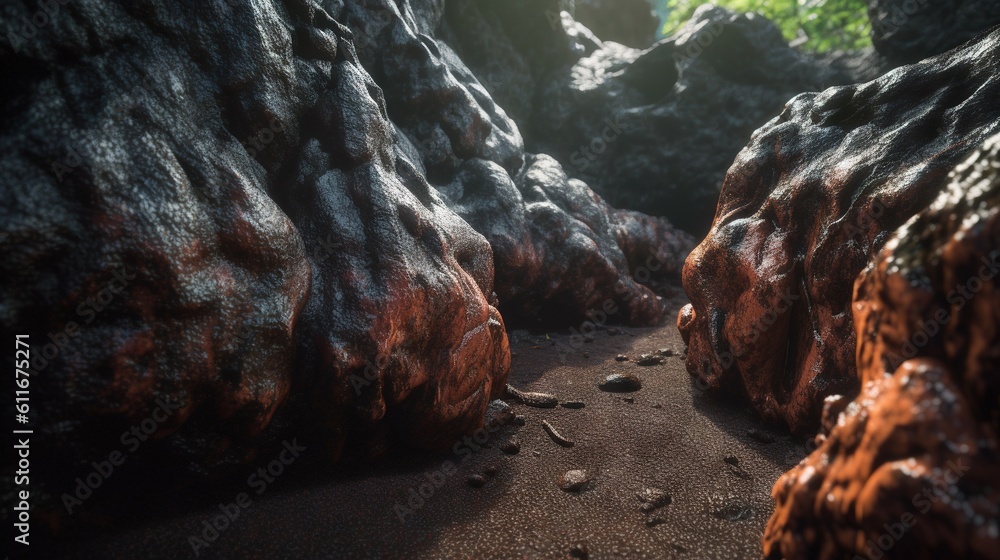 Poster a rocky area with a dirt path between two large rocks. generative ai