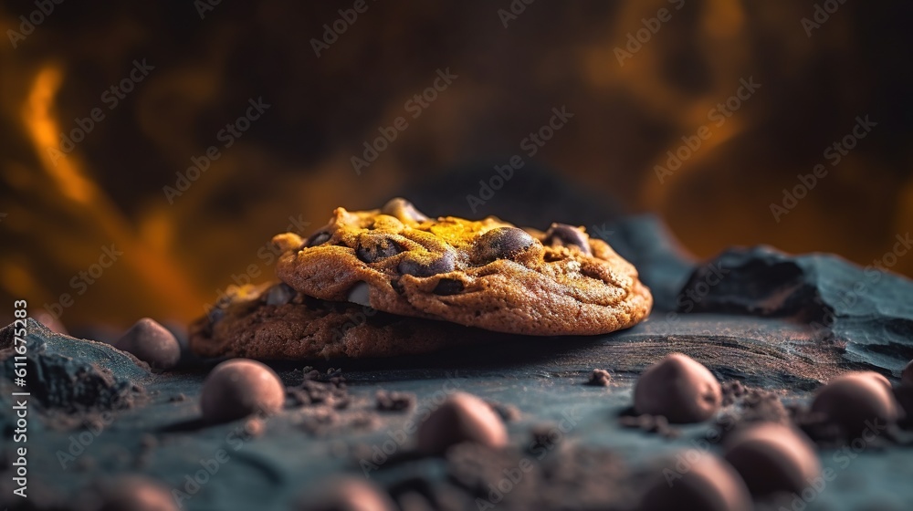 Poster a chocolate chip cookie is sitting on a table next to some eggs. generative ai