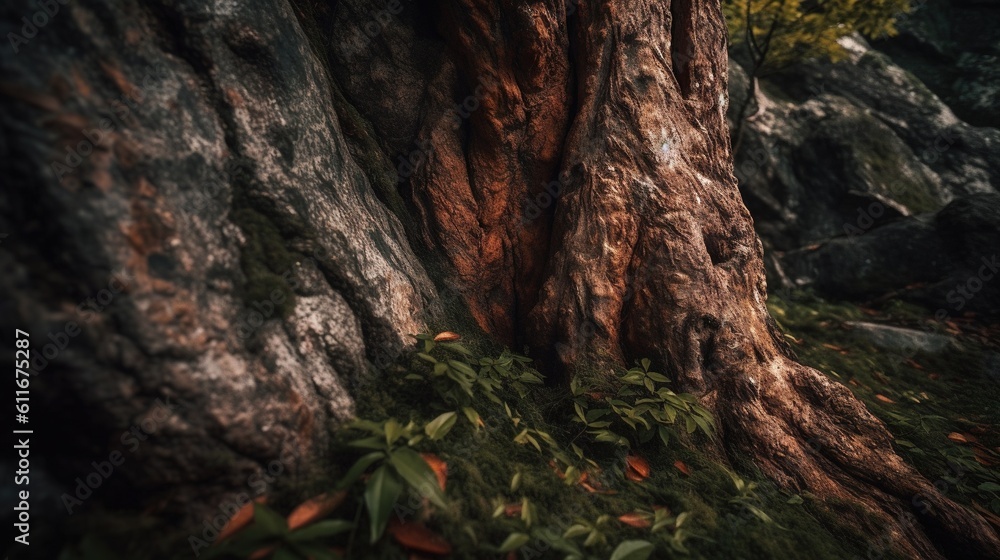Poster a bear is standing next to a tree in a forest. generative ai