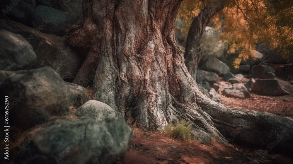 Poster a large tree in the middle of a forest with rocks. generative ai