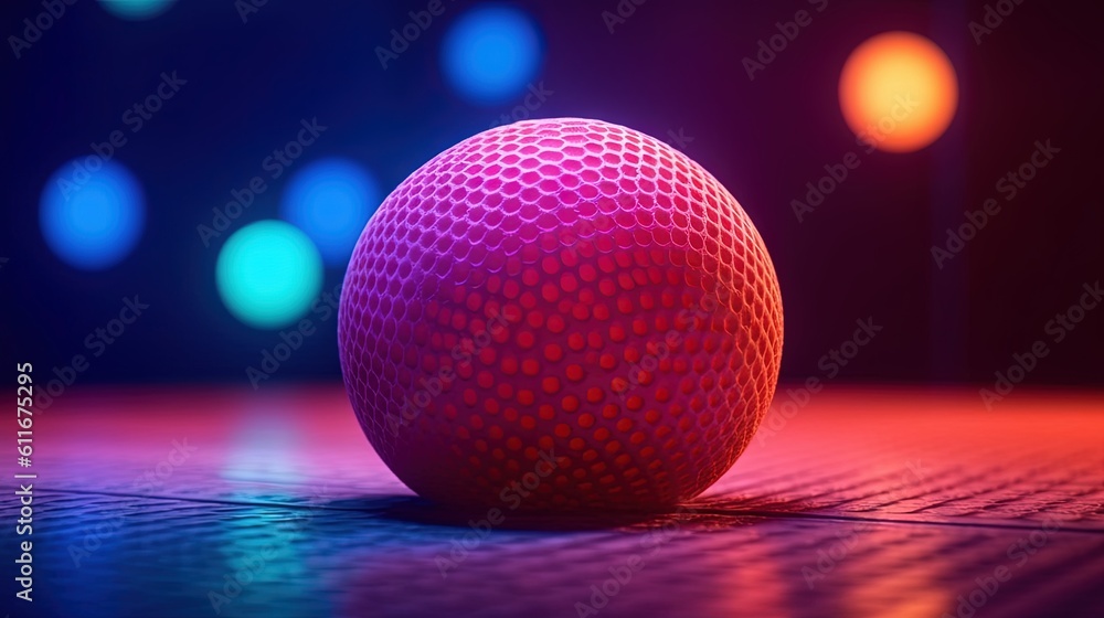 Poster a ball is sitting on the floor in front of a colorful background. generative ai