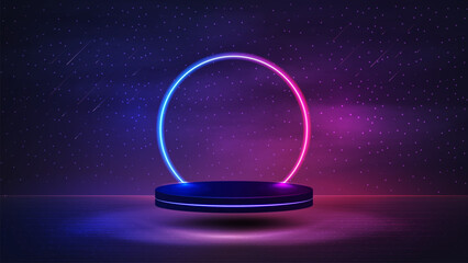 Empty podium with line gradient neon ring on background with night starry landscape