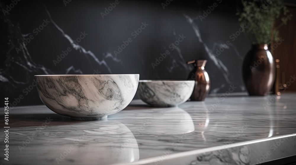 Poster a marble counter top with three bowls on top of it. generative ai