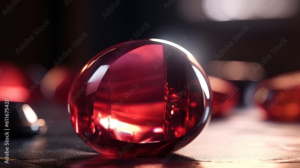 Poster a close up of a red glass object on a table. generative ai